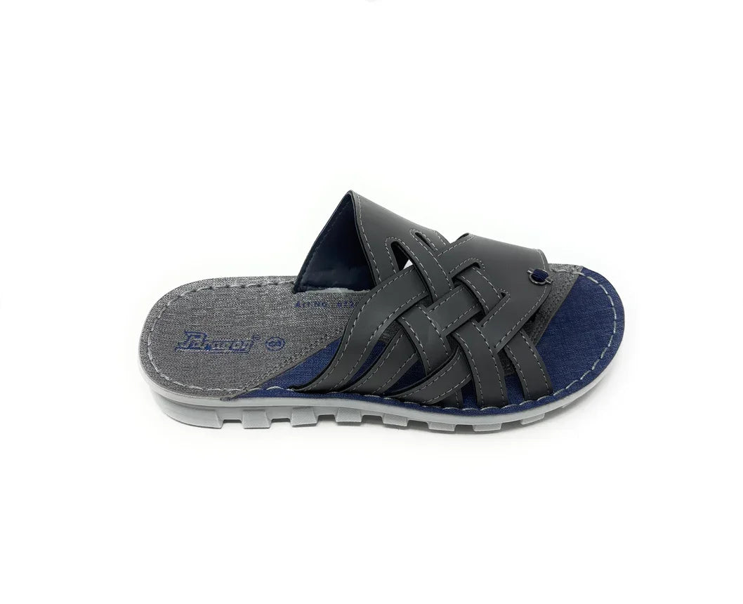 Men's black slip-on sandal with woven straps and cushioned sole on white background
