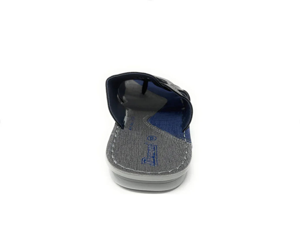 Men's gray and navy blue slide sandal with cushioned sole, viewed from the back