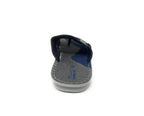 Men's gray and navy blue slide sandal with cushioned sole, viewed from the back