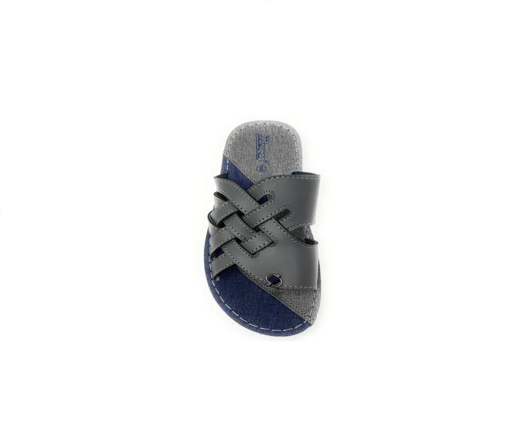 Gray and navy blue slip-on sandal with woven leather upper and stitched detailing on white background