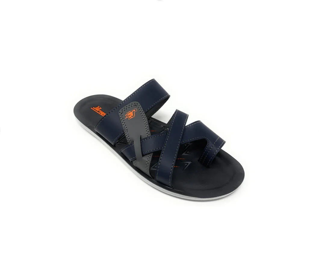 Men's navy blue slip-on sandal with crisscross straps, white sole, and orange accent logo.