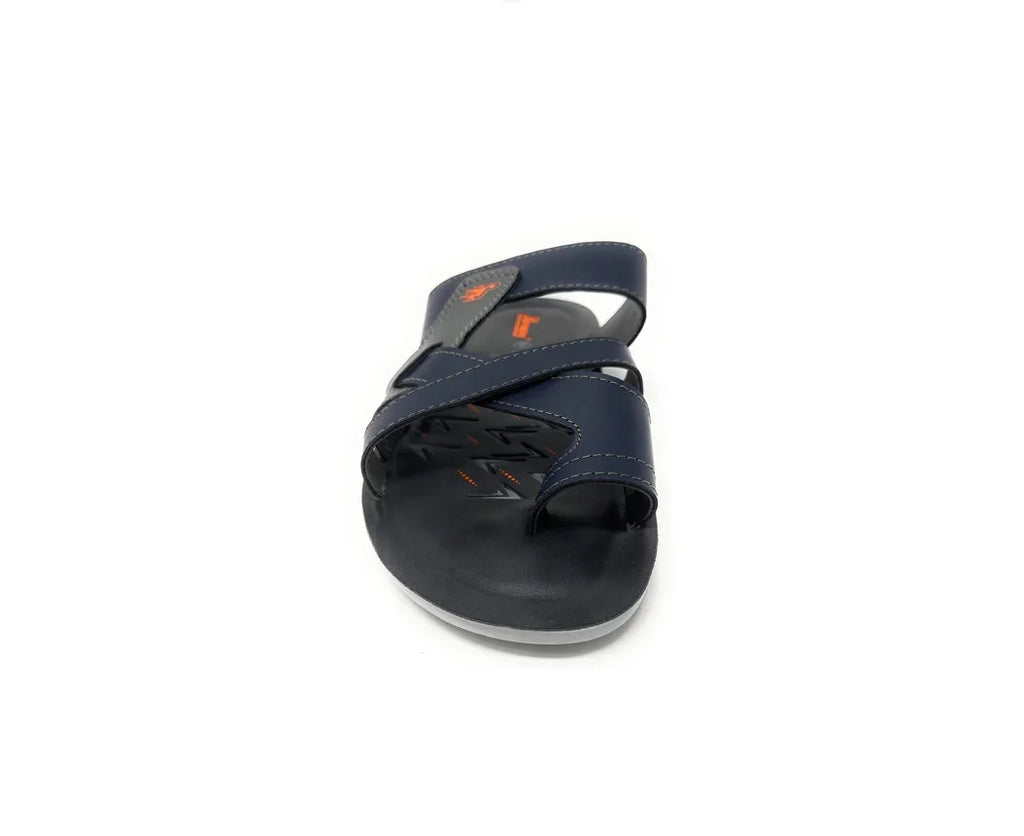 Men's navy blue slip-on sandal with crisscross straps and cushioned footbed