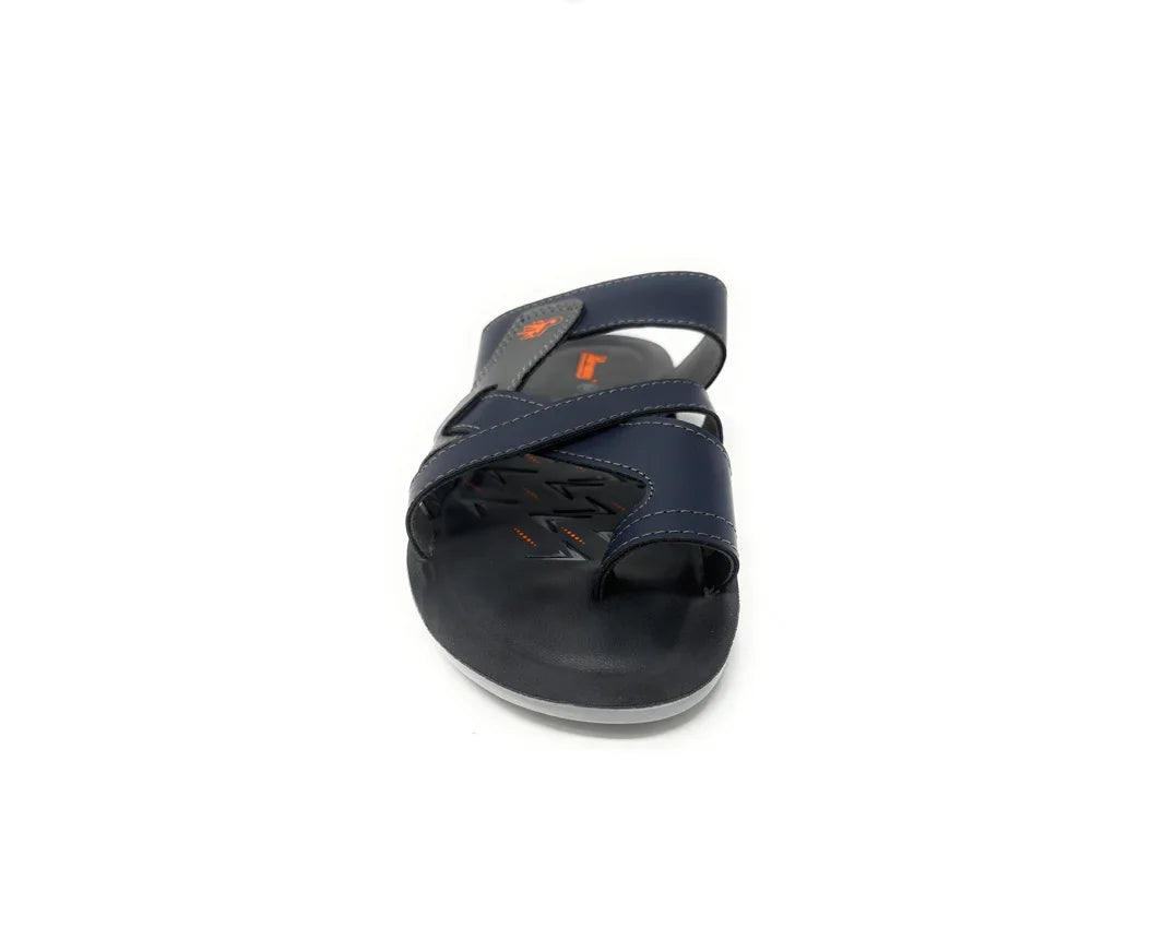 Men's navy blue slip-on sandal with crisscross straps and cushioned footbed