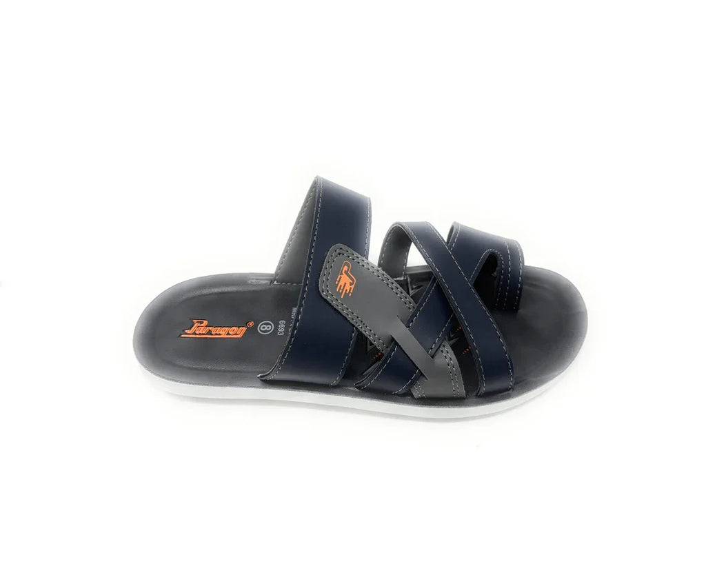 Men's navy blue slip-on sandal with black and grey cross straps on a white background