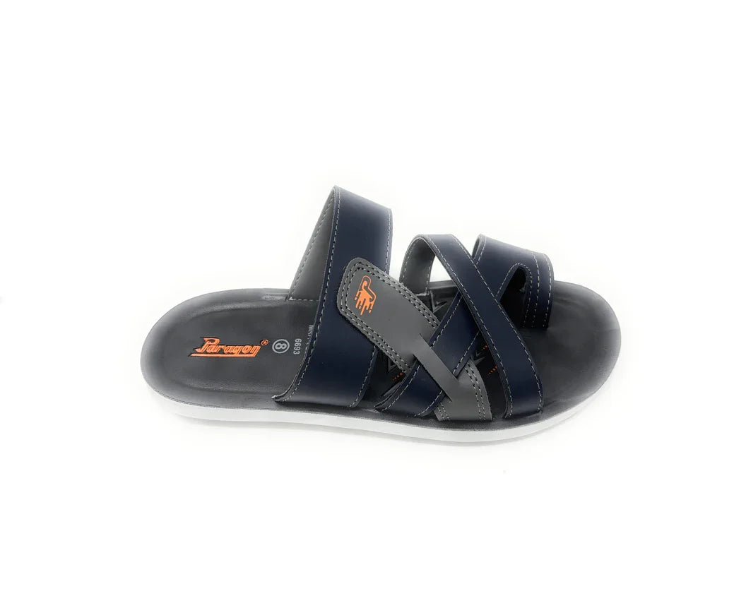 Men's navy blue slip-on sandal with black and grey cross straps on a white background