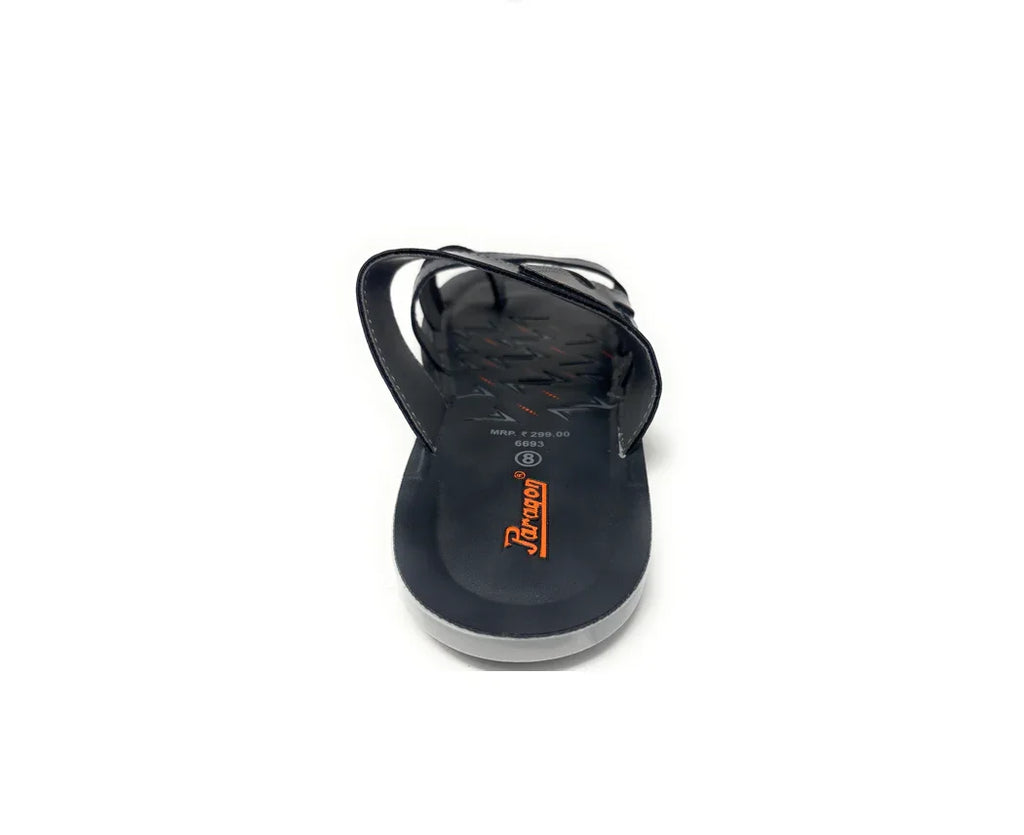Black slip-on sandal with thin straps and textured sole, casual footwear on white background