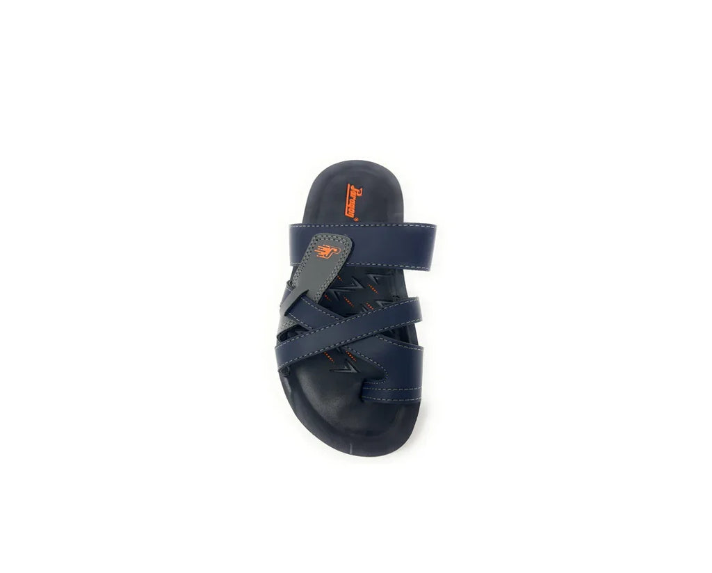 Men's navy blue slip-on sandal with cross straps and orange stitching on white background