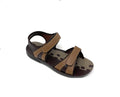 Brown open toe sandal with adjustable velcro straps and printed footbed on white background
