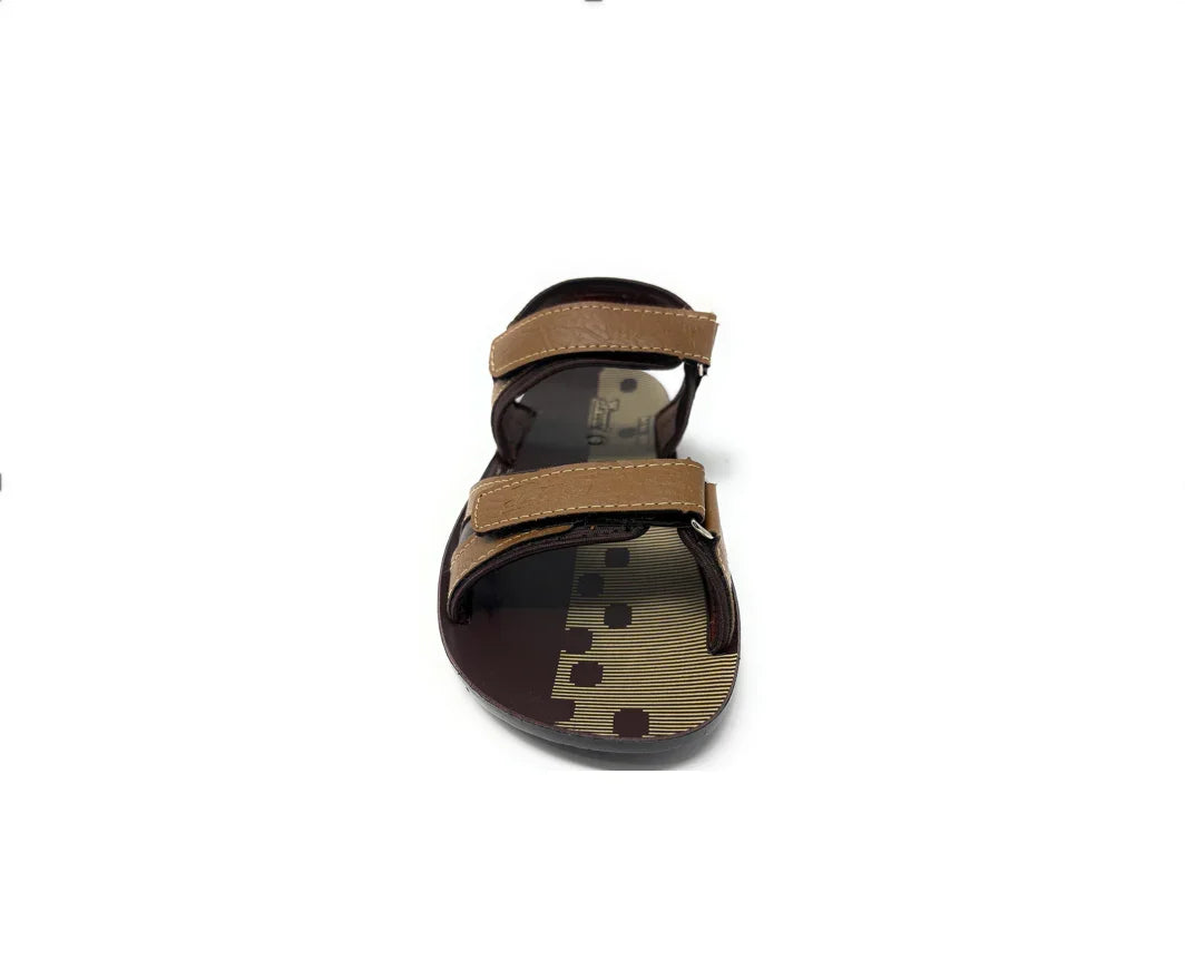 Brown open-toe sandal with adjustable straps and geometric footbed design, top view