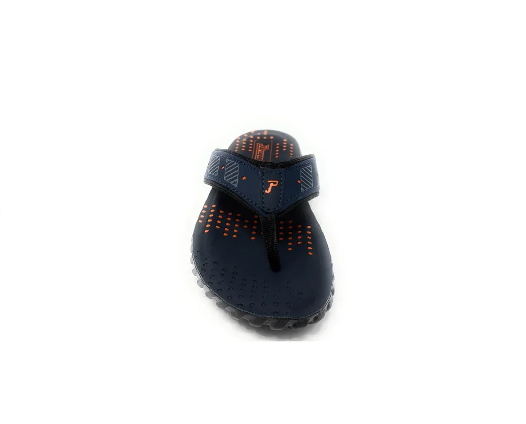 Men's navy and orange flip flop sandal with textured sole and patterned straps