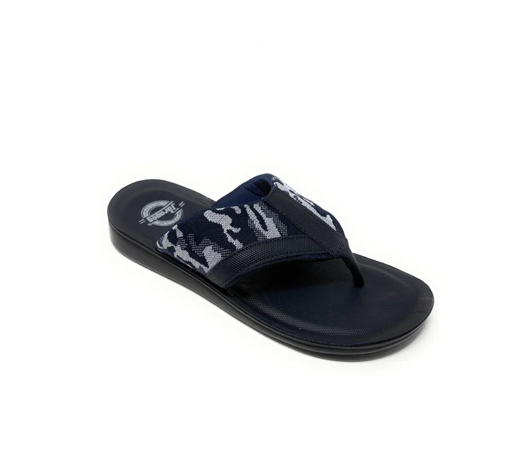 Men's navy blue flip-flop sandal with camouflage fabric strap on white background