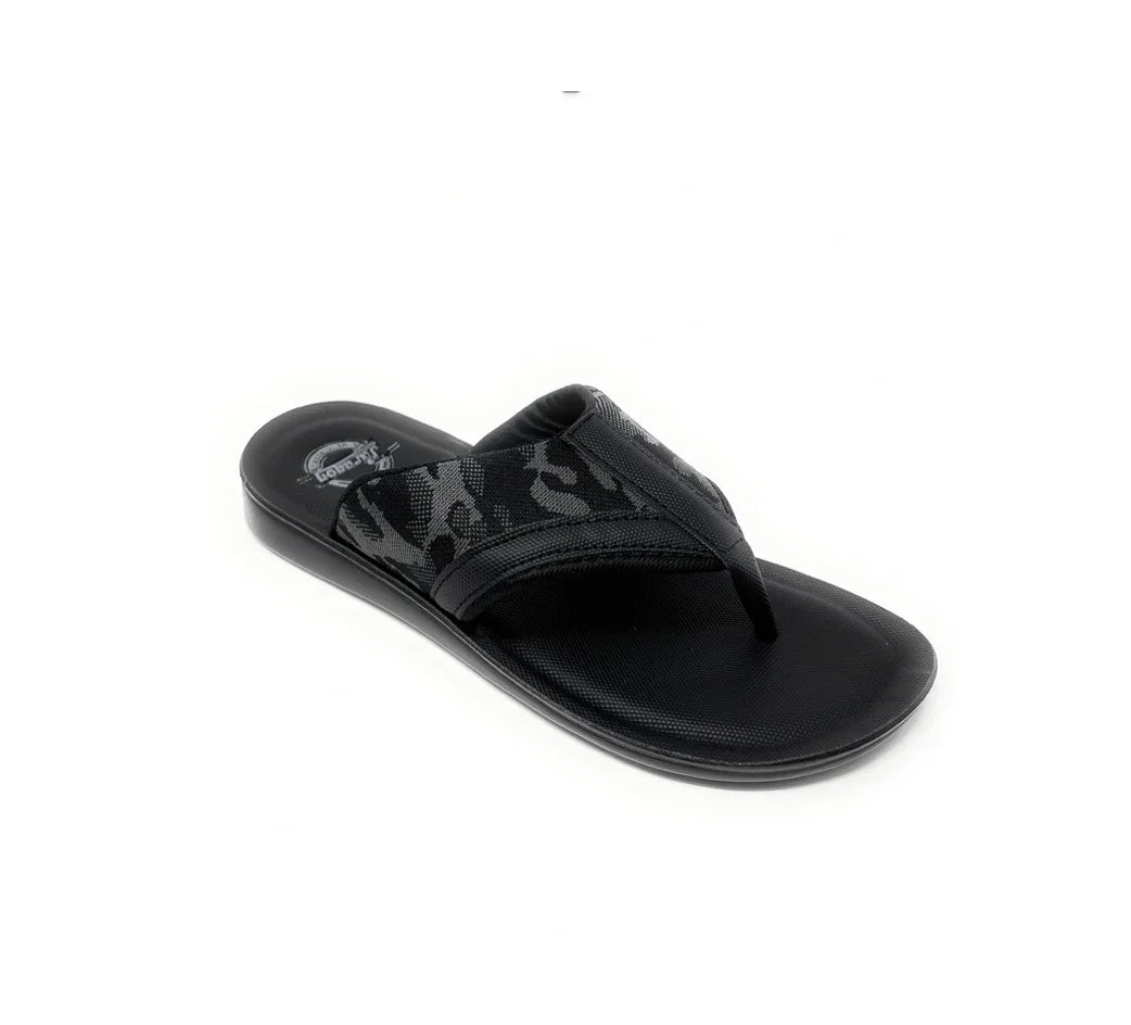 Black men's flip flop sandal with textured strap on white background
