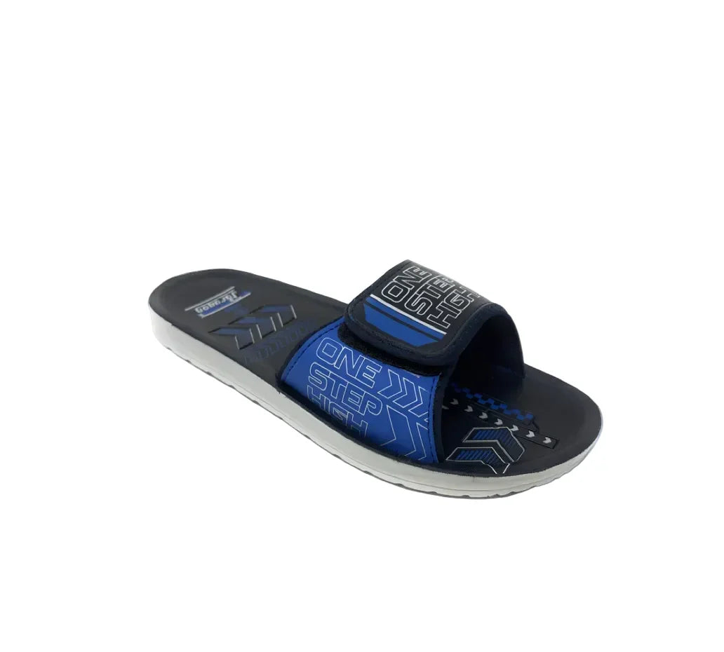 Men's blue and black slide sandal with 'One Step High' text, adjustable strap, sporty design