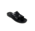 Black men's slip-on sandal with adjustable strap and cushioned sole, studio background