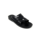 Black men's slip-on sandal with adjustable strap and cushioned sole, studio background