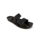 Black slip-on sandal with double straps and orange accents, men's footwear on white background