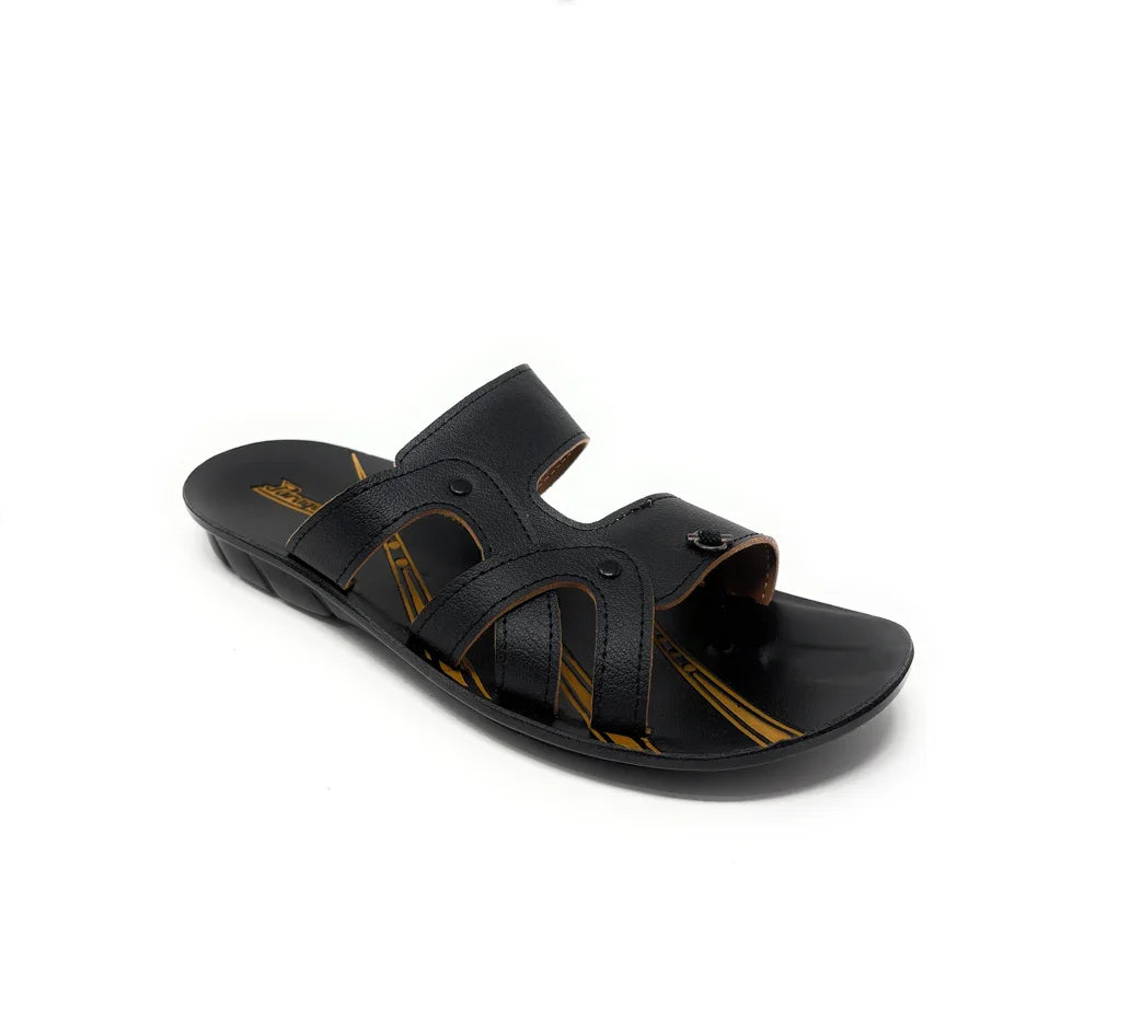 Black slip-on sandal with double straps and orange accents, men's footwear on white background
