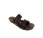 Men's brown open-toe slip-on sandal with double leather straps on white background