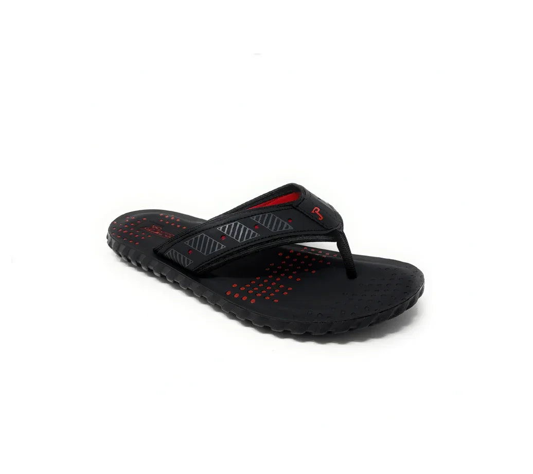 Black and red men's flip flop sandal with textured sole and diagonal strap accents
