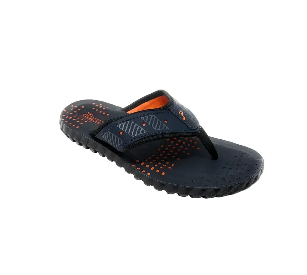 Men's navy blue and orange flip-flop sandal with textured sole on white background