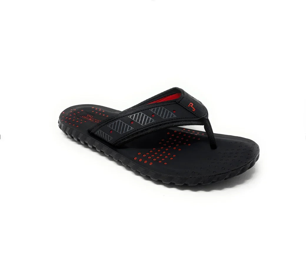 Men's black and red flip flop sandal with textured sole and geometric strap design