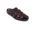 Brown men's leather sandal with closed toe and open sides, casual footwear on white background