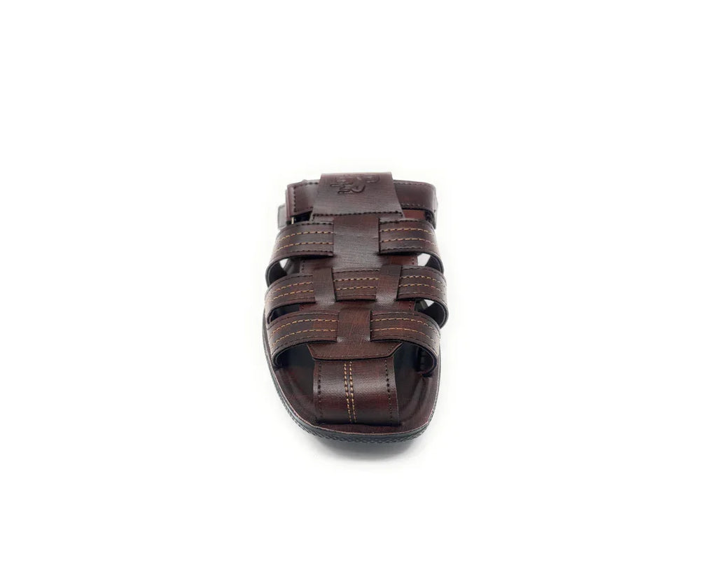 Men's brown leather sandal with woven straps and visible stitching on a white background