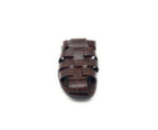 Men's brown leather sandal with woven straps and visible stitching on a white background