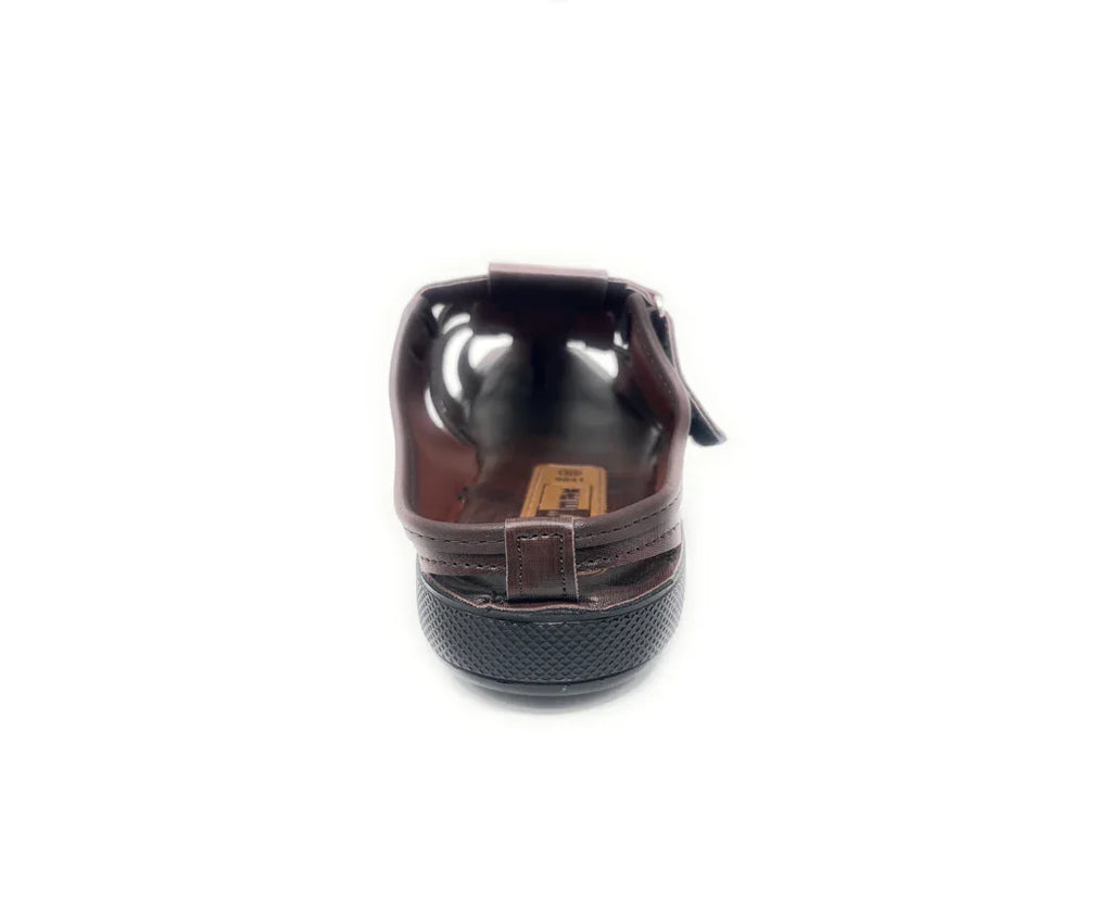 Back view of a brown men's loafer with textured rubber sole on white background