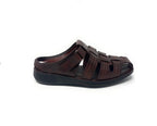 Brown men's closed-toe sandal with adjustable strap and cushioned sole on white background