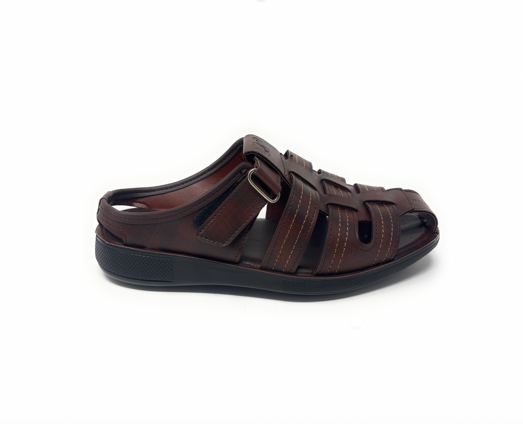Men's brown leather sandal with adjustable strap and open toe, casual footwear.