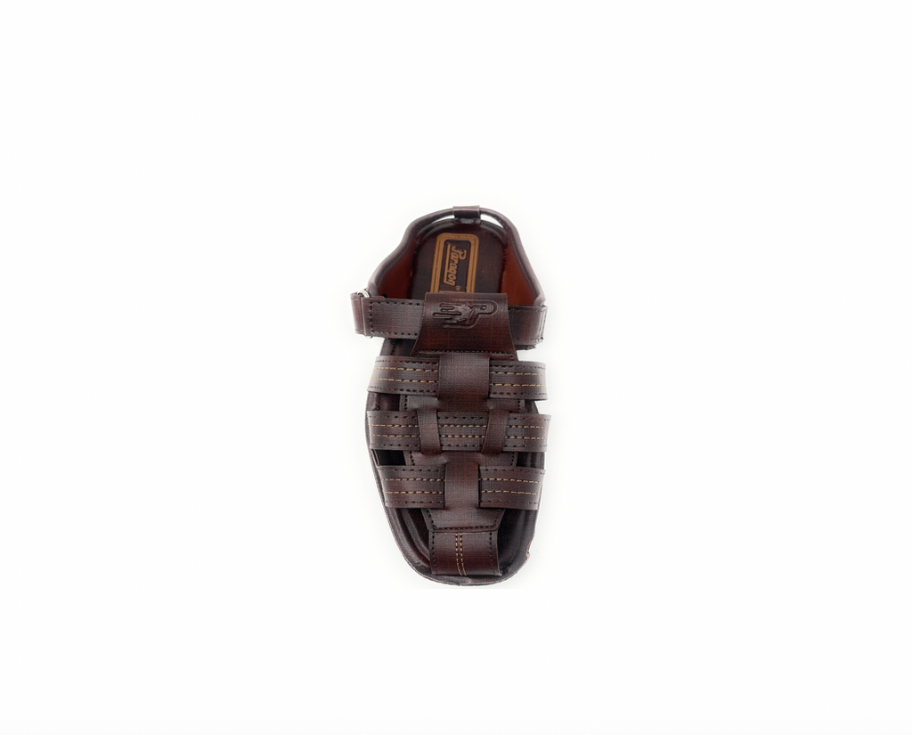 Brown men’s woven leather sandal with closed toe, top view, on white background