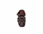 Brown men’s woven leather sandal with closed toe, top view, on white background