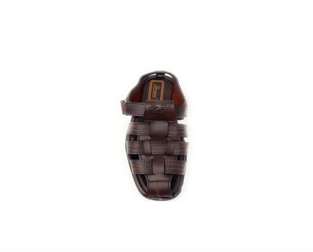 Brown men’s woven leather sandal with closed toe, top view, on white background