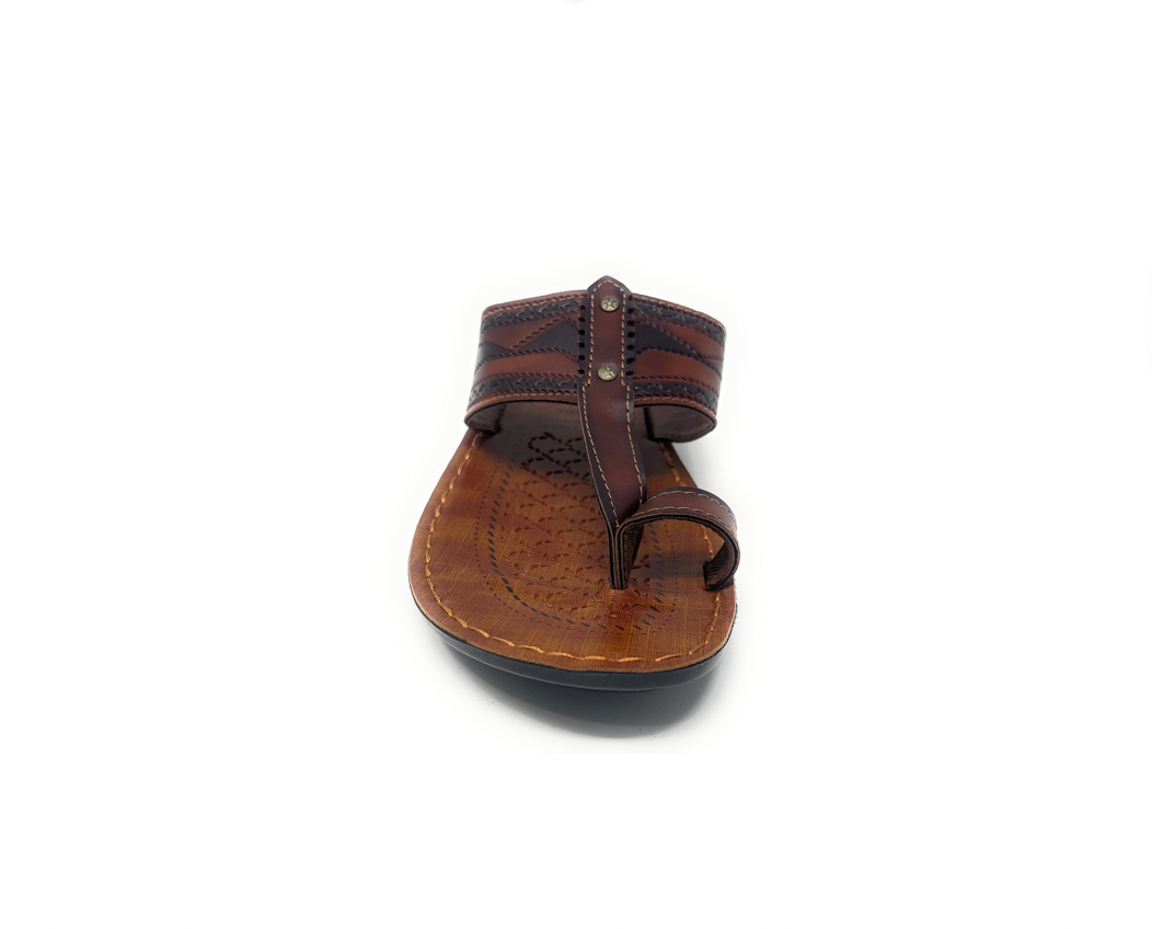 Brown leather sandal with intricate stitching, toe ring, and wide strap on white background