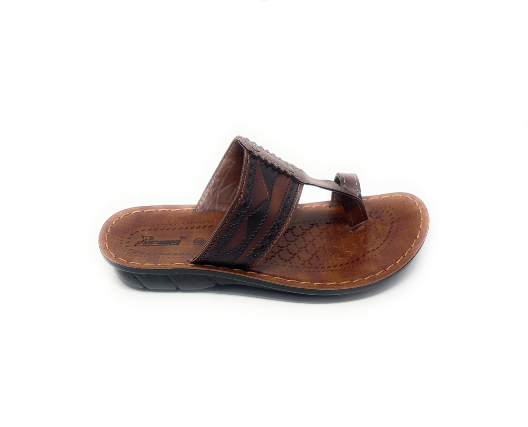 Men's brown leather slip-on sandal with textured sole and open-toe design