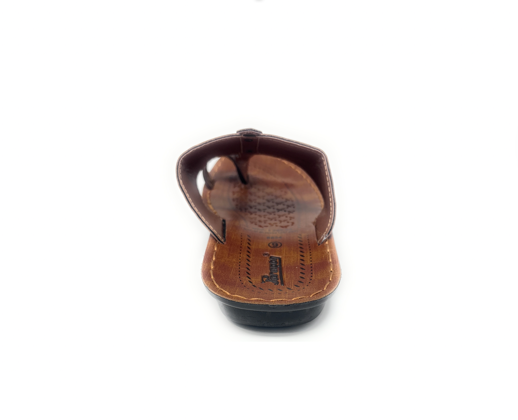 Brown leather men's sandal with cushioned insole and slip-on design, front view