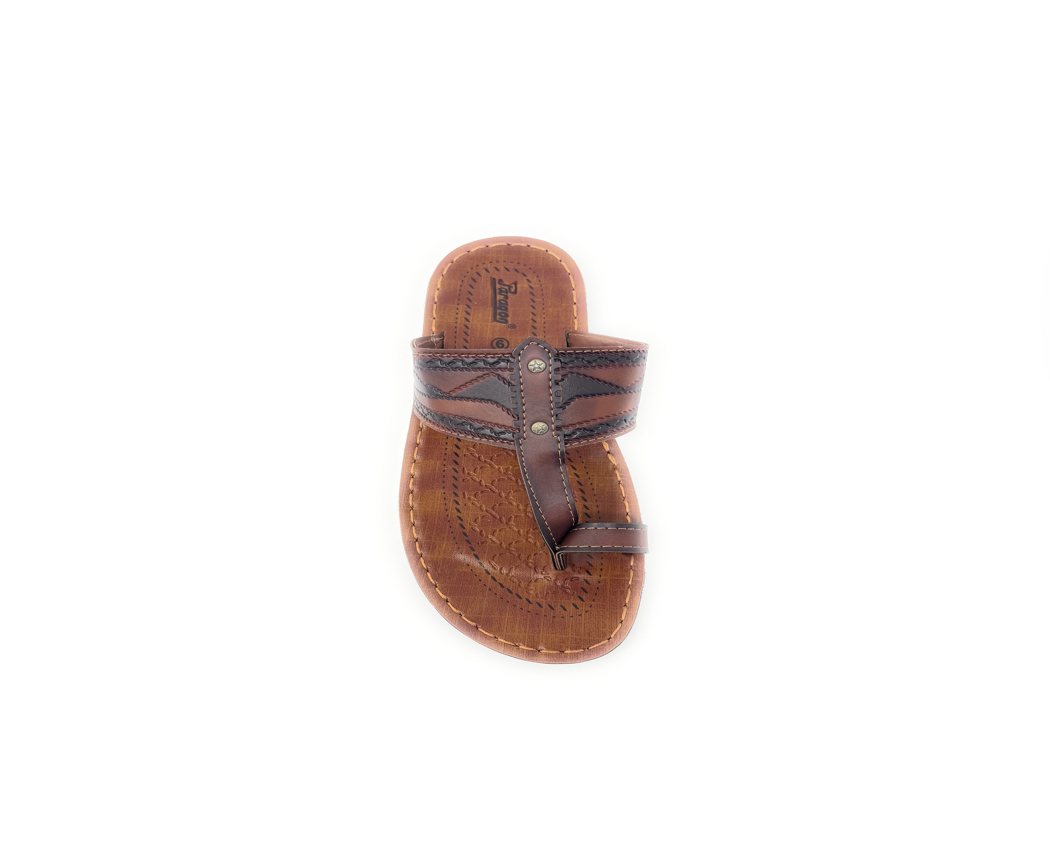 Brown leather toe ring sandal with decorative stitching and comfortable flat sole