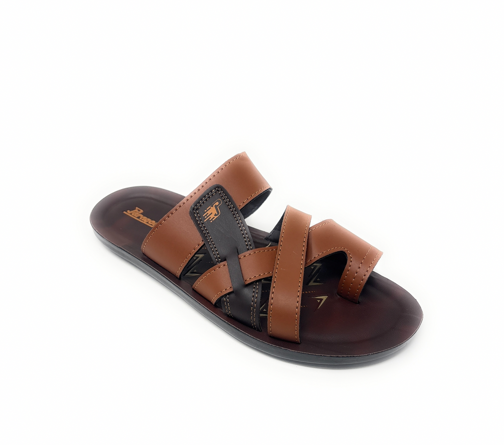 Men's brown and black leather slip-on sandal with crisscross straps, casual footwear