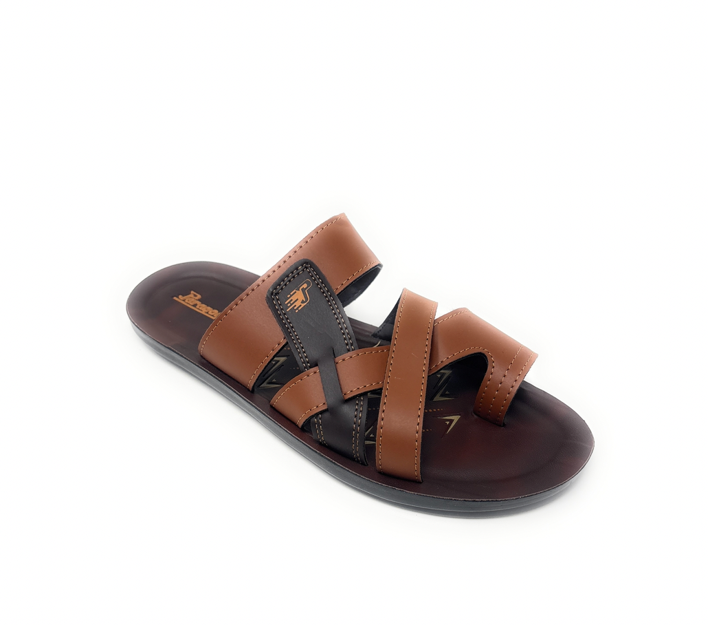 Men's brown and black leather slip-on sandal with crisscross straps, casual footwear