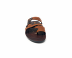 Front view of brown leather sandal with crisscross straps and black sole