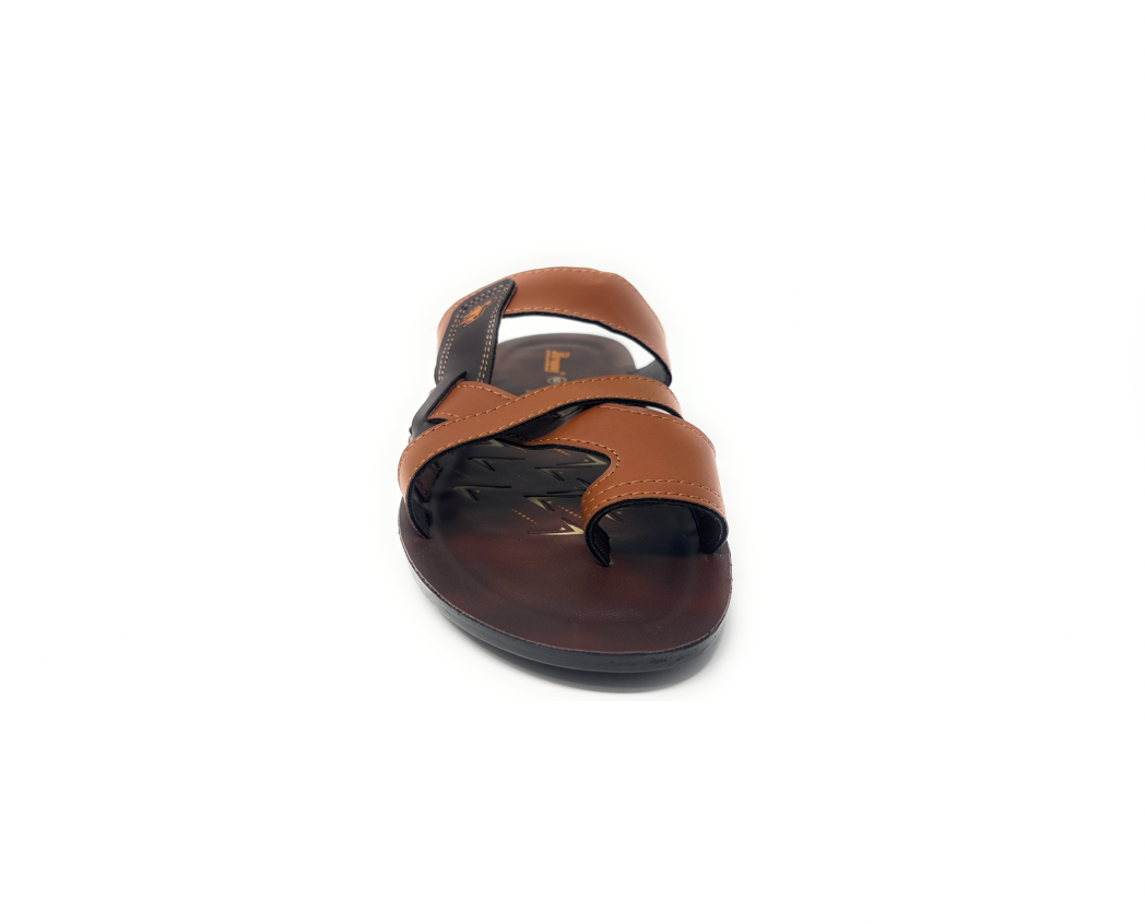 Front view of brown leather sandal with crisscross straps and black sole