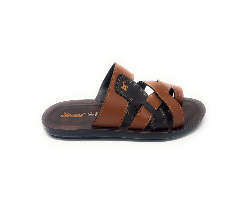 Men's brown and black slip-on sandal with crisscross straps, casual summer footwear