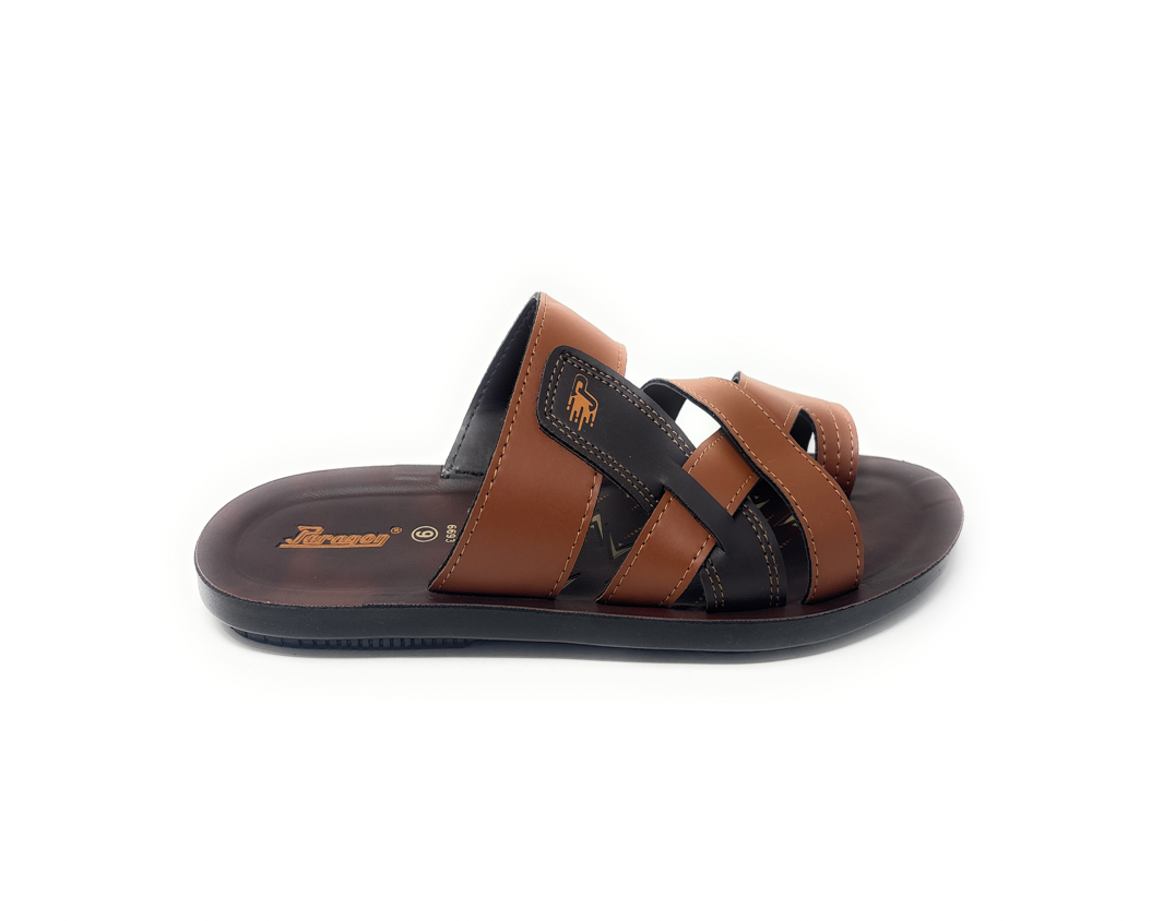 Men's brown and black slip-on sandal with crisscross straps, casual summer footwear