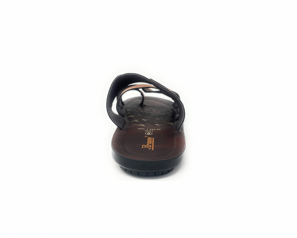 Black men's sandal with a toe loop and brown cushioned sole, viewed from the back
