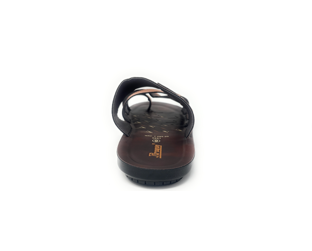 Black men's sandal with a toe loop and brown cushioned sole, viewed from the back