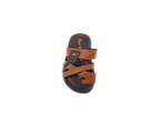 Brown and black men's slip-on sandal with crisscross straps and cushioned footbed