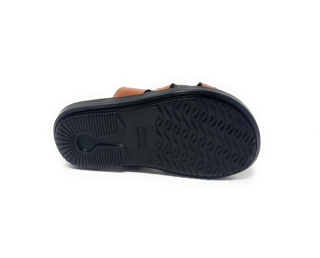 Black rubber sandal sole with tread pattern and brown straps, footwear product photo