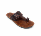 Men's brown leather sandal with toe loop and decorative stitching on white background