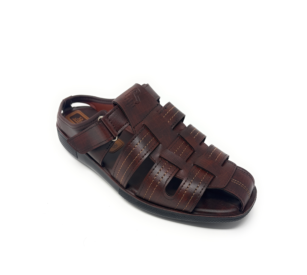 Men's brown leather fisherman sandal with closed toe and buckle, casual summer footwear
